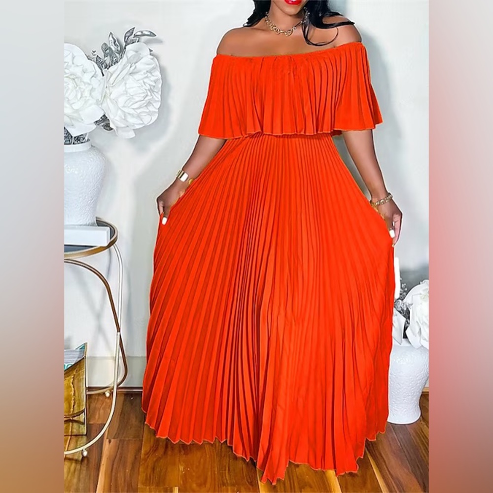 Red pleated maxi dress